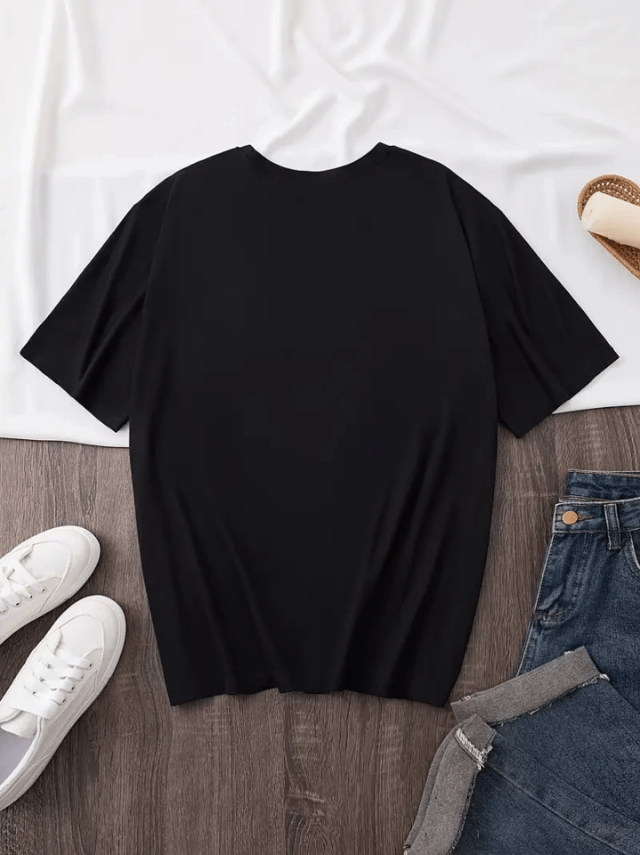 Baskılı Oversize Bisiklet Yaka T-shirt - Siyah