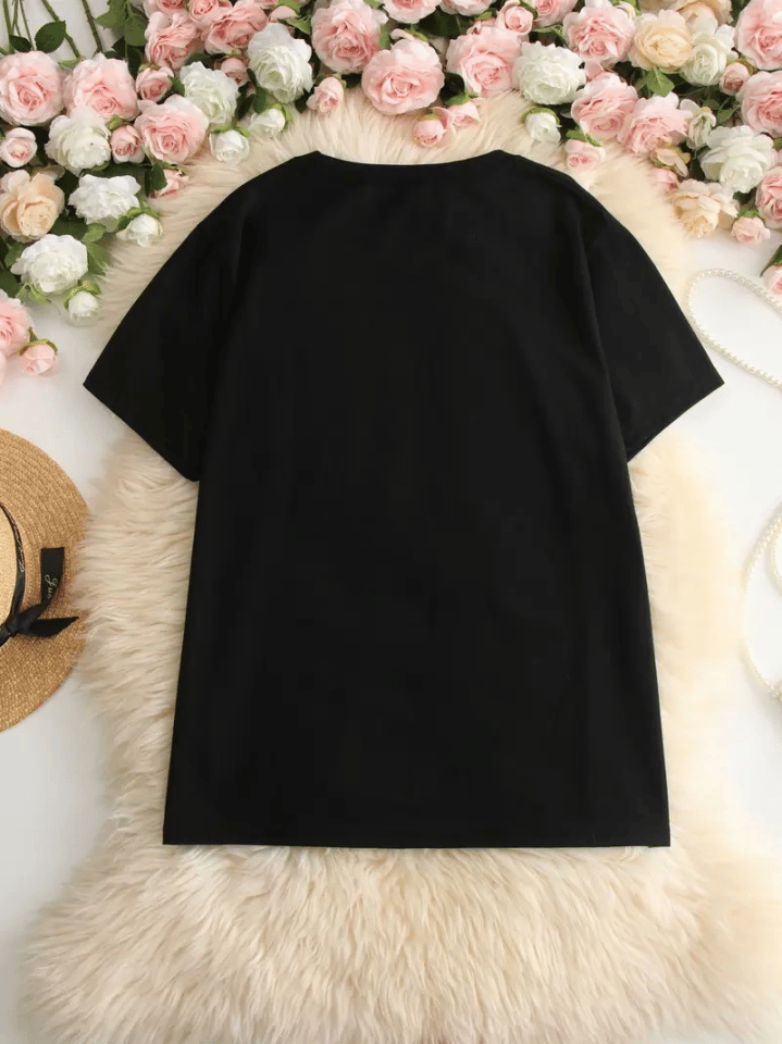 Baskılı Oversize Bisiklet Yaka T-shirt - Siyah