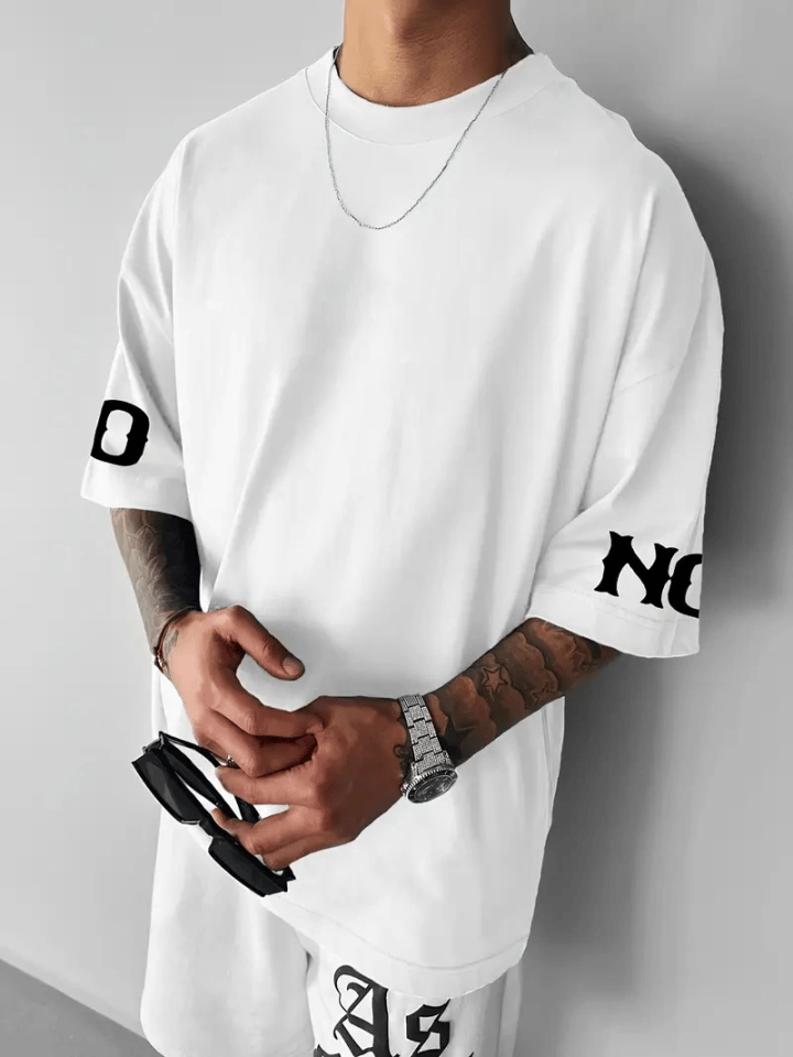 Baskılı Oversize Bisiklet Yaka T-shirt - Beyaz