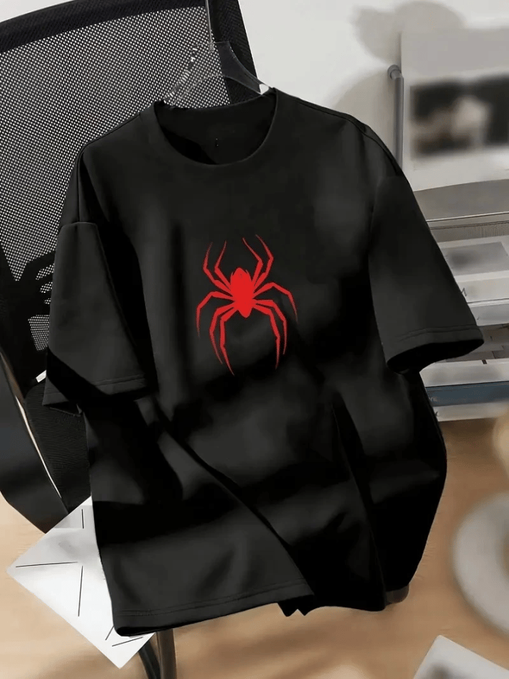 Baskılı Oversize Bisiklet Yaka T-shirt - Siyah