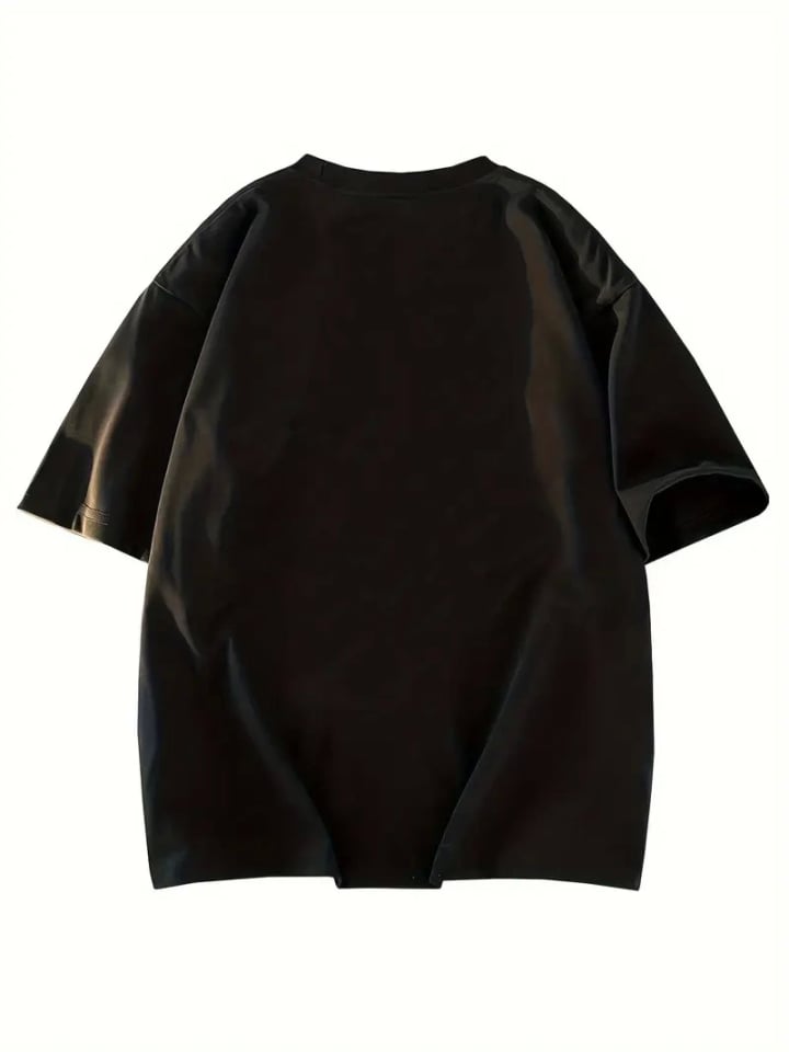 Baskılı Oversize Bisiklet Yaka T-shirt - Siyah