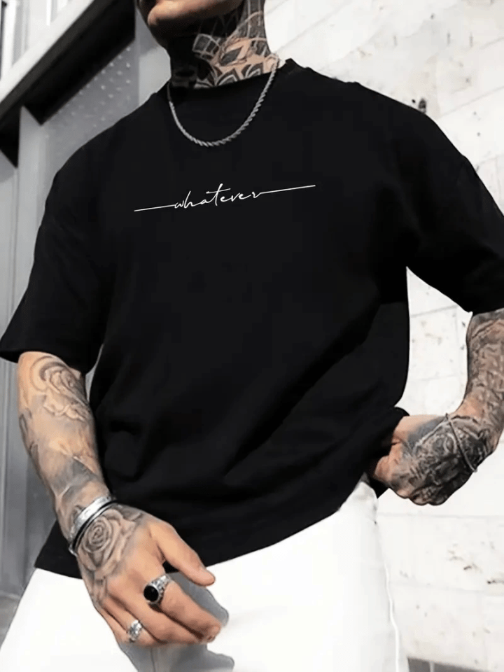 Baskılı Oversize Bisiklet Yaka T-shirt - Siyah