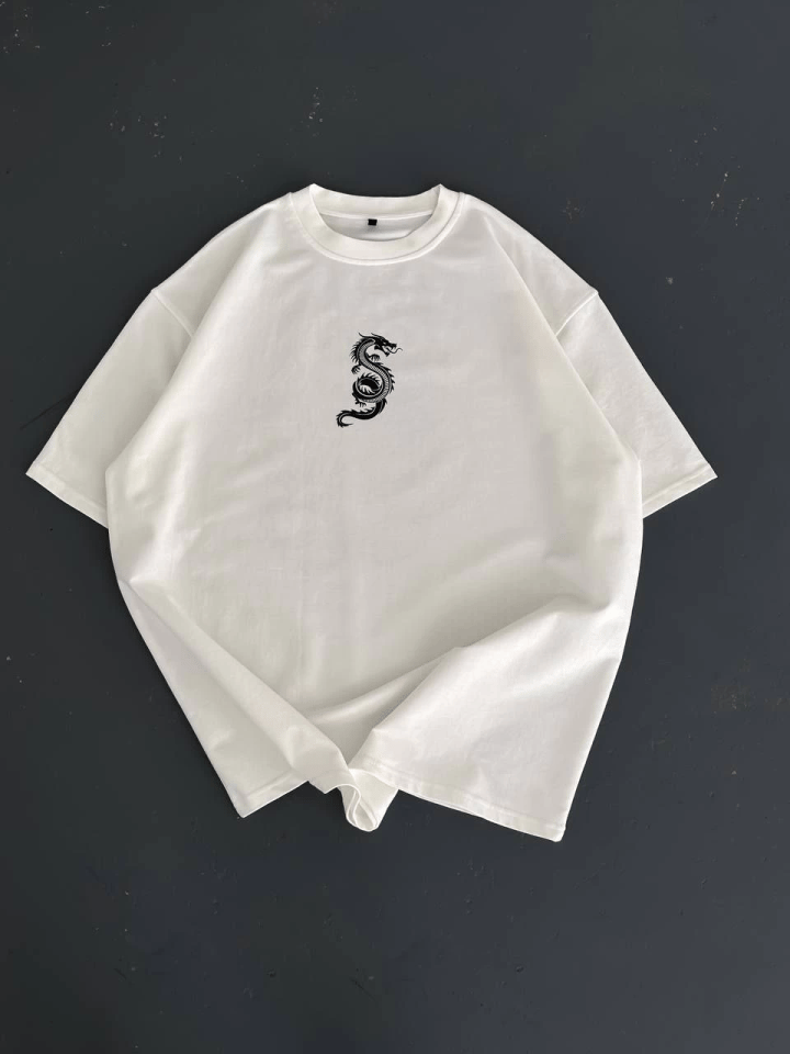 Baskılı Oversize Bisiklet Yaka T-shirt - Beyaz