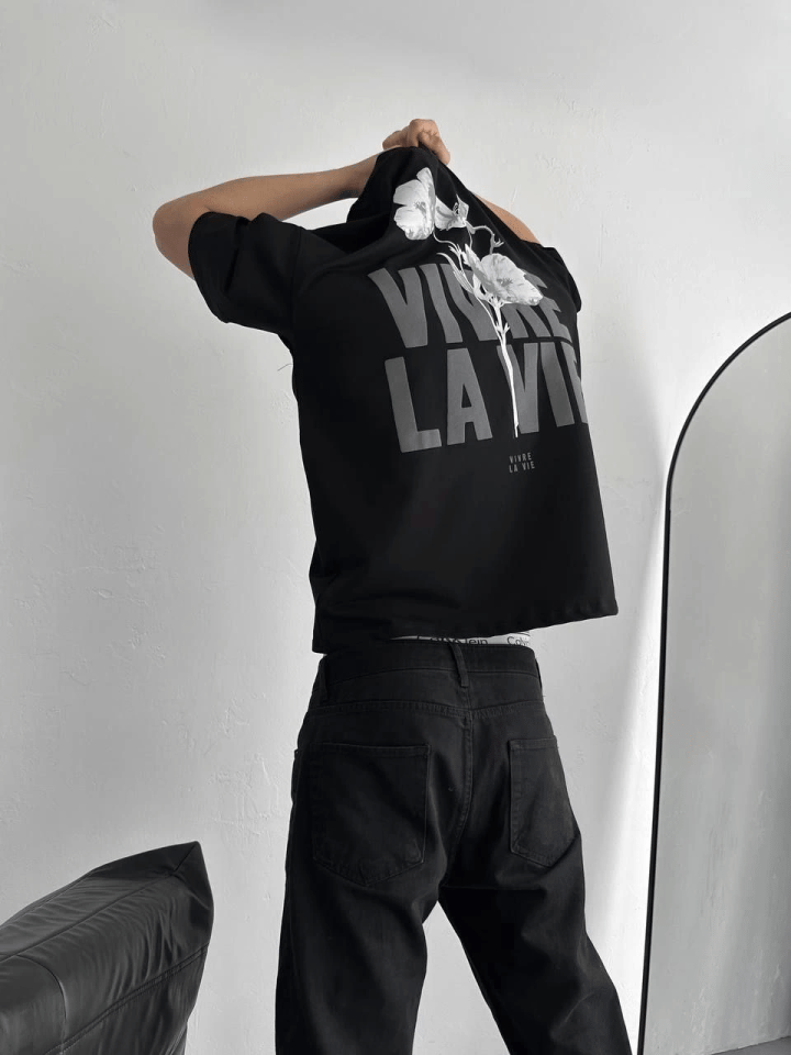 Baskılı Oversize Bisiklet Yaka T-shirt - Siyah
