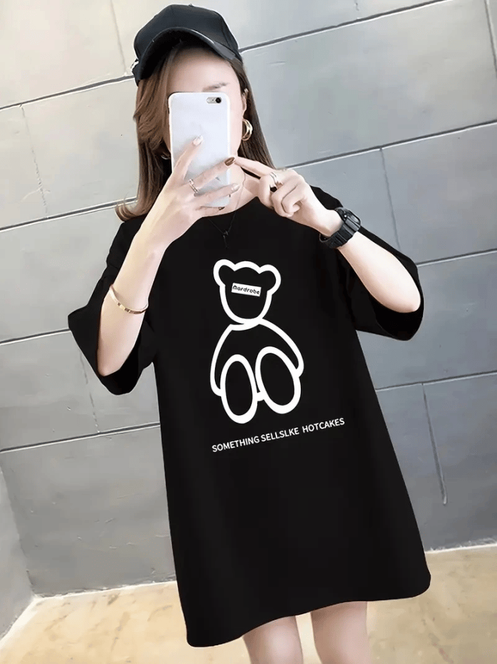 Baskılı Oversize Bisiklet Yaka T-shirt - Siyah