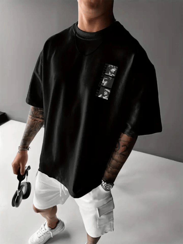 Baskılı Oversize Bisiklet Yaka T-shirt - Siyah