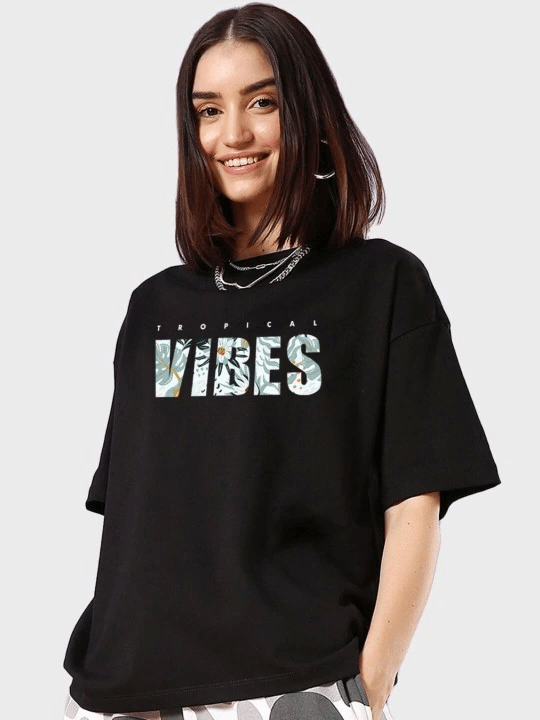 Baskılı Oversize T-shirt - Siyah