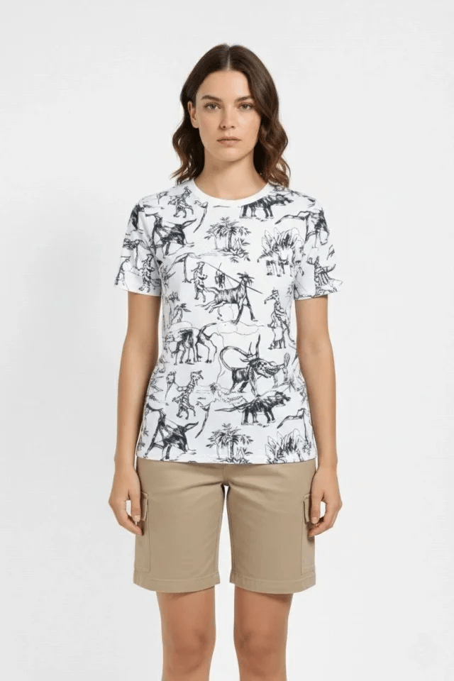 Beyaz Dinozor Desenli Tişört – Regular Kalıp, Bisiklet Yaka, Dijital Baskılı Pamuklu T-Shirt - Beyaz
