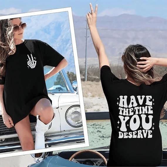 Bisiklet Yaka Kısa Kol Baskılı T-shirt - Siyah