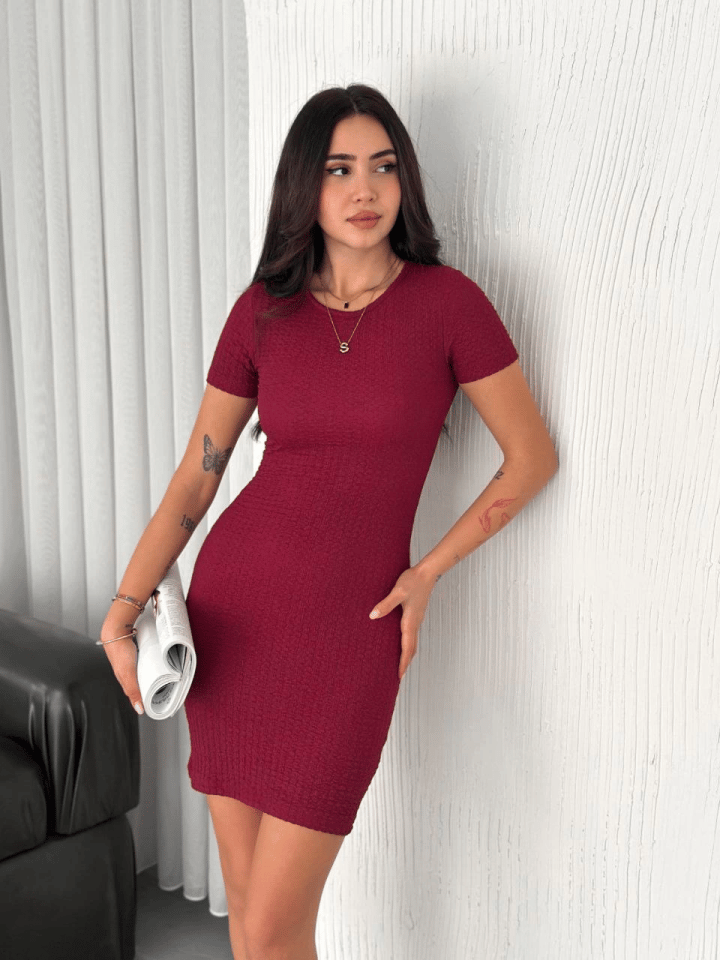 Bisiklet Yaka Kısa Kol Likralı Elbise - Bordo