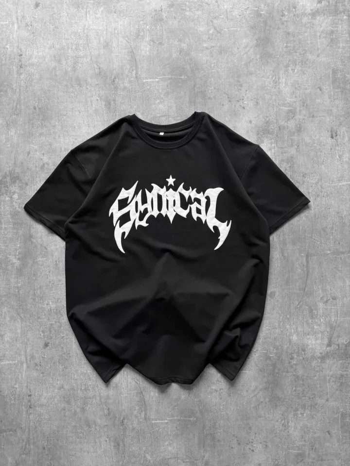Bisiklet Yaka Ön Baskılı  Kısa Kollu Tişört Streetwear Günlük Basic Pamuklu T-shirt - Siyah