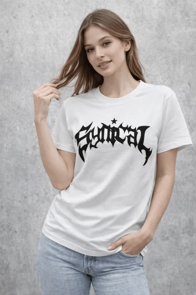 Bisiklet Yaka Ön Baskılı Kısa Kollu Tişört Streetwear Günlük Basic Pamuklu T-shirt - Beyaz