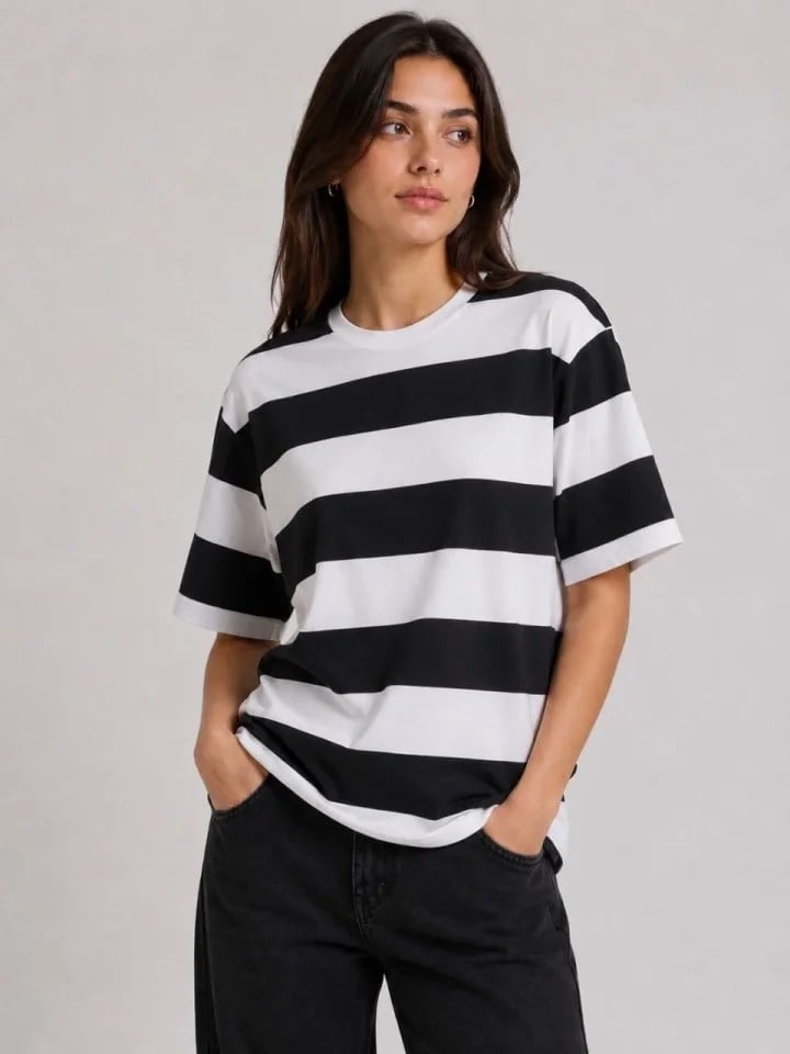 Çizgili Oversize Tişört Bisiklet Yaka Kısa Kol Yazlık T-Shirt - Siyah
