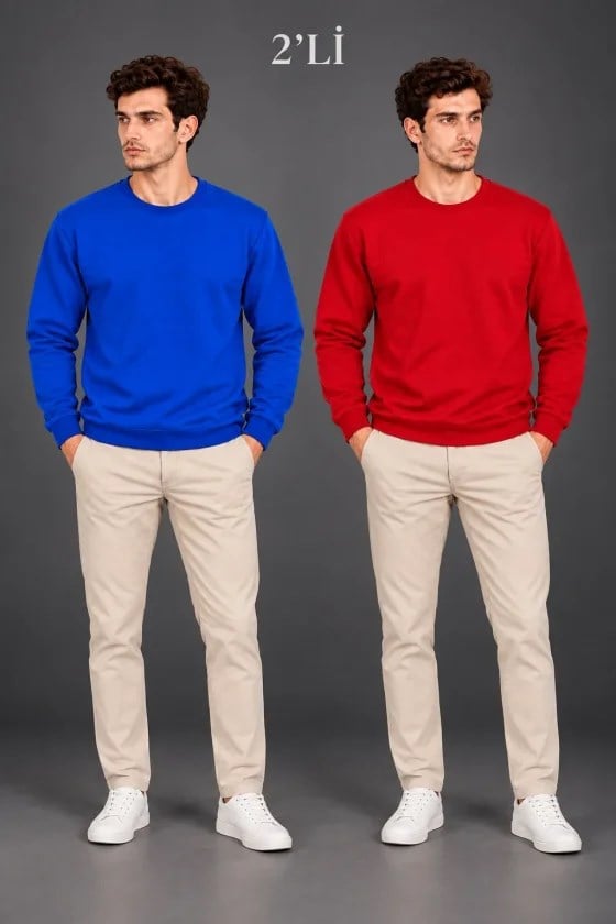 Erkek 2Li Bisiklet Yaka İçi Şardonlu 2 İplik Düz Uzun Kollu Regular Fit Sweatshirt - Mavi - Kırmızı