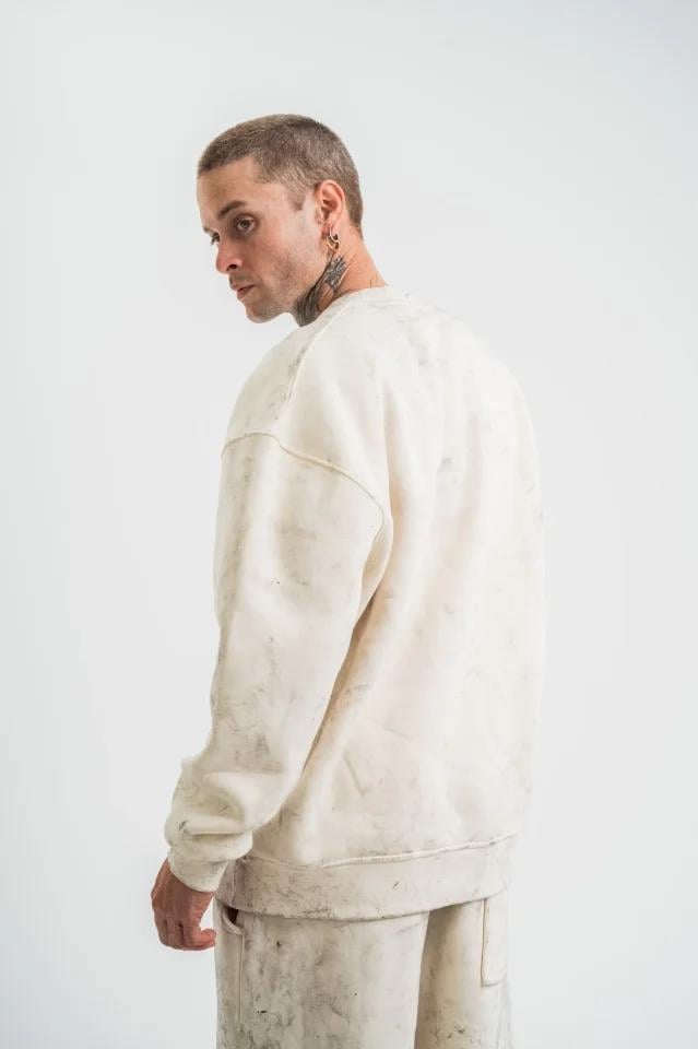 Erkek 3 İplik Pamuklu Yağ Yıkamalı Sweatshirt Double Oversize Bisiklet Yaka Uzun Kol - Krem