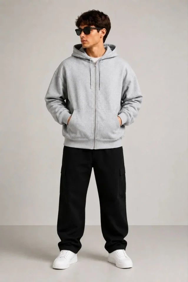 Erkek 3 İplik Şardonlu Tam Fermuarlı Kapüşonlu Arka Çanta Detaylı Sweatshirt - Gri