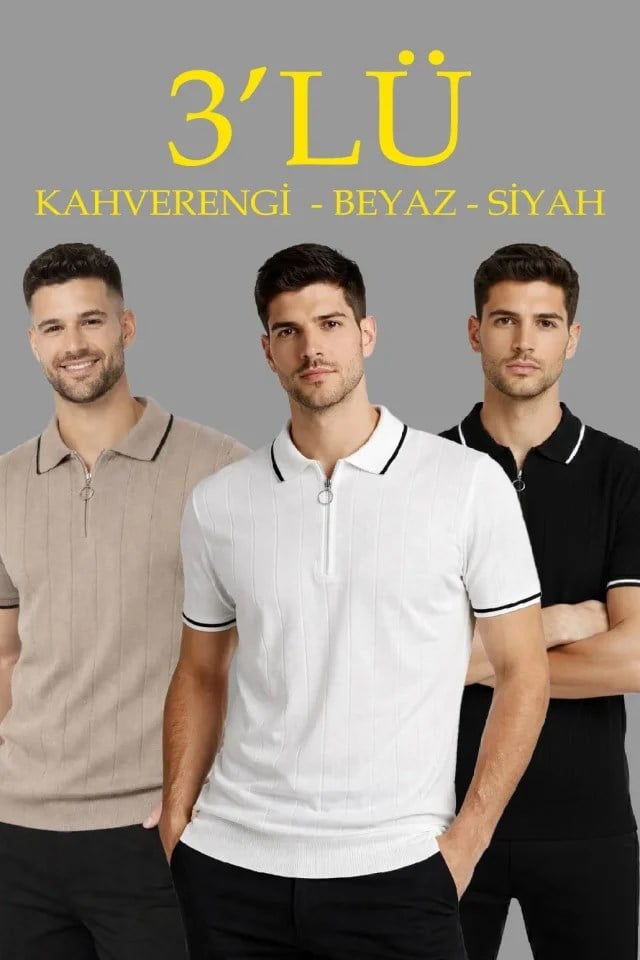 Erkek 3’lü Paket Dokuma Triko  Fermuarlı Yakalı Fitilli Kısa Kollu Regular Fit Tişört - Kahverengi, Beyaz, Siyah