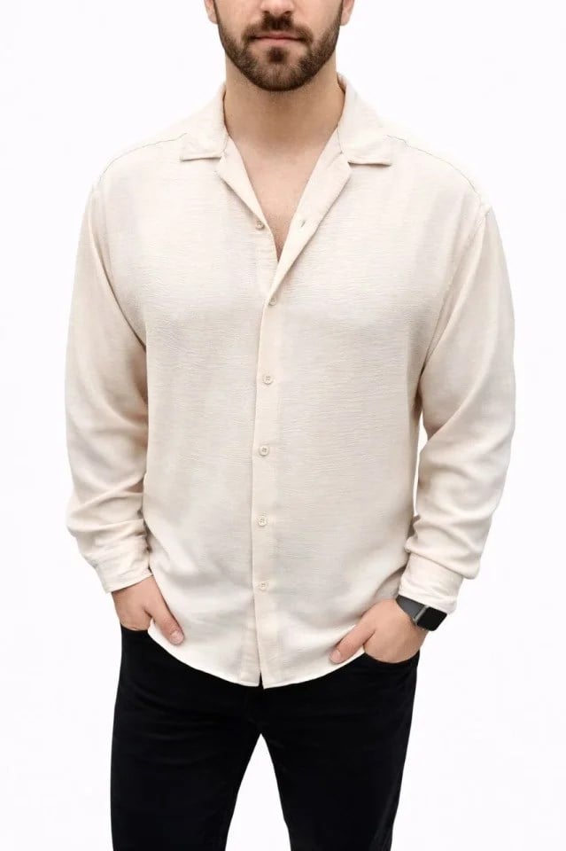 Erkek Aerobin Kumaş Oversize 4 Mevsim Uzun Kollu Rahat Kalıp Gömlek - Bej