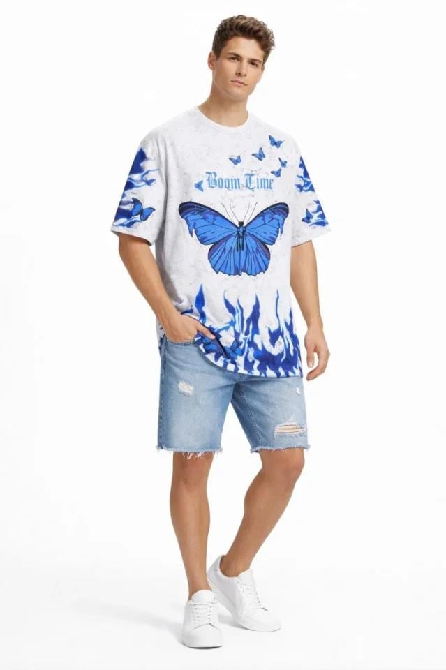 Erkek Asit Yıkamalı Oversize Tişört Mavi Kelebek Baskılı Dijital Print Bisiklet Yaka Streetwear T-Shirt - Beyaz