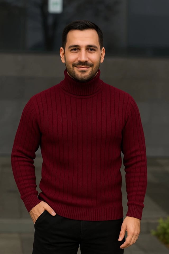 Erkek Balıkcı Yaka Bağazlı Triko Kazak Pamuklu Kalın Fitilli Dokuma, Regular Fit Uzun Kollu Kışlık Model - Bordo