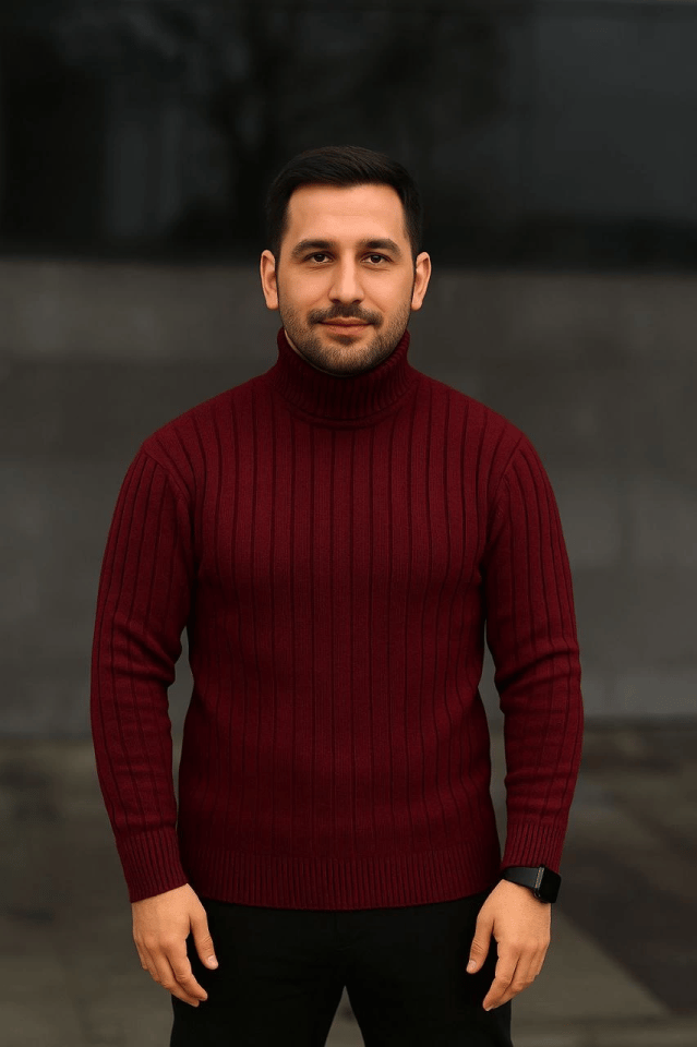 Erkek Balıkcı Yaka Bağazlı Triko Kazak Pamuklu Kalın Fitilli Dokuma, Regular Fit Uzun Kollu Kışlık Model - Bordo