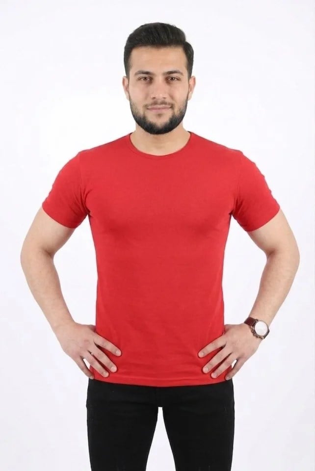 Erkek Basic Tişört Bisiklet Yaka Kısa Kol Günlük Yazlık Slim Fit T-Shirt - Kırmızı