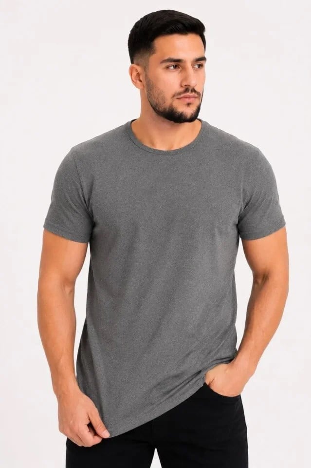Erkek Basic Tişört Bisiklet Yaka Kısa Kol Günlük Yazlık Slim Fit T-Shirt - Antrasit