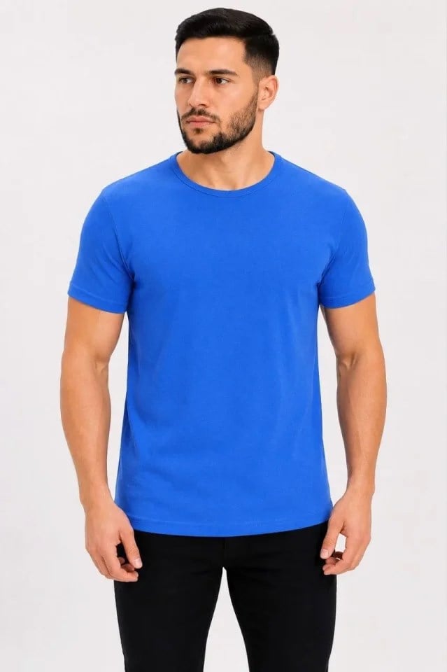 Erkek Basic Tişört Bisiklet Yaka Kısa Kol Günlük Yazlık Slim Fit T-Shirt - Saks Mavisi