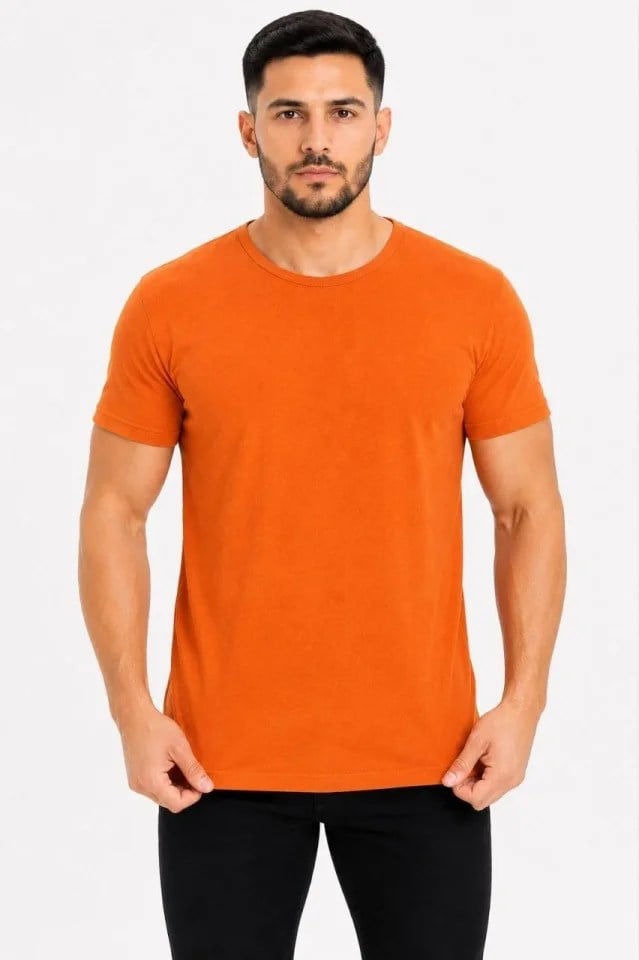 Erkek Basic Tişört Bisiklet Yaka Kısa Kol Günlük Yazlık Slim Fit T-Shirt - Turuncu