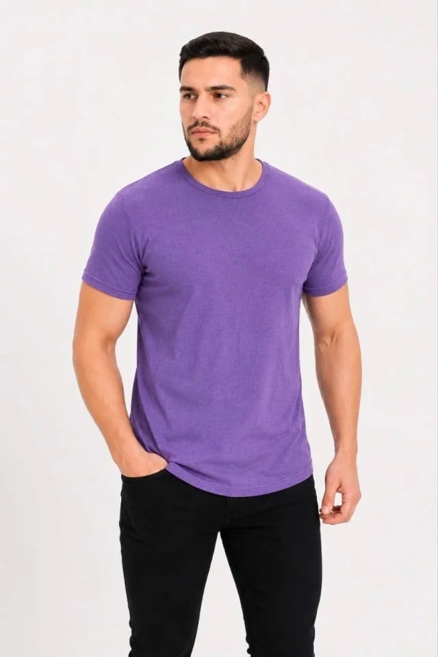 Erkek Basic Tişört Bisiklet Yaka Kısa Kol Günlük Yazlık Slim Fit T-Shirt - Mor