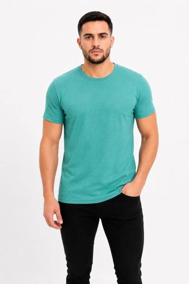 Erkek Basic Tişört Bisiklet Yaka Kısa Kol Günlük Yazlık Slim Fit T-Shirt - Su Yeşili