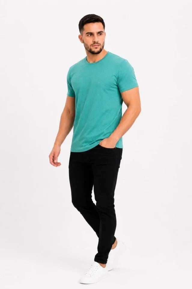 Erkek Basic Tişört Bisiklet Yaka Kısa Kol Günlük Yazlık Slim Fit T-Shirt - Su Yeşili