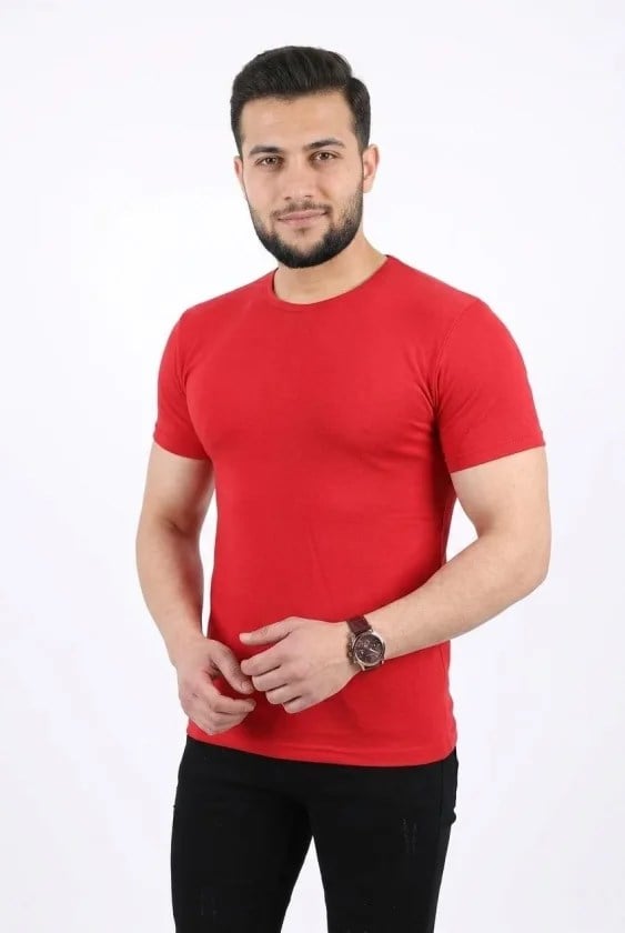 Erkek Basic Tişört Bisiklet Yaka Kısa Kol Günlük Yazlık Slim Fit T-Shirt - Kırmızı