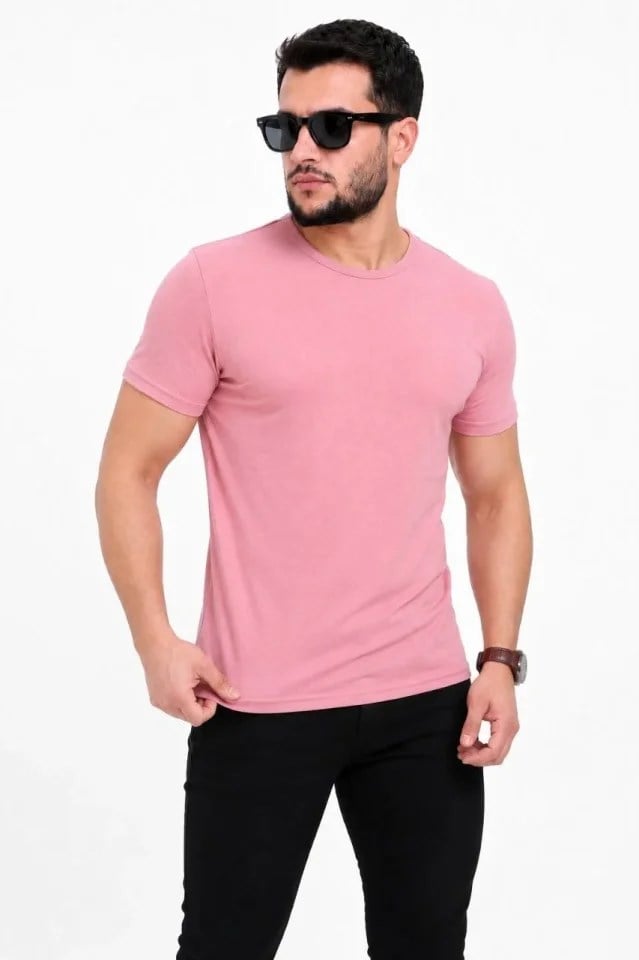 Erkek Basic Tişört Bisiklet Yaka Kısa Kol Günlük Yazlık Slim Fit T-Shirt - Pembe
