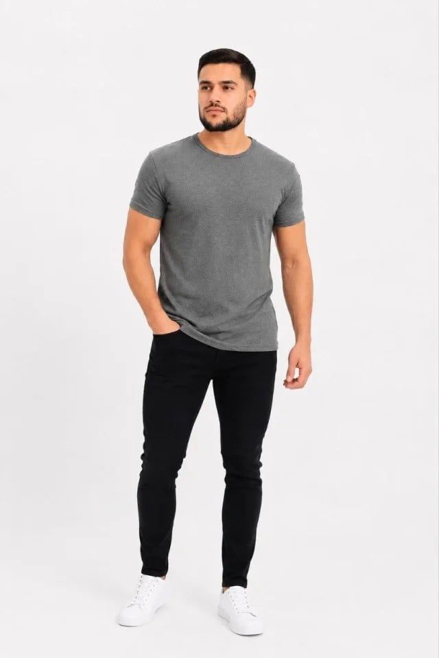 Erkek Basic Tişört Bisiklet Yaka Kısa Kol Günlük Yazlık Slim Fit T-Shirt - Antrasit