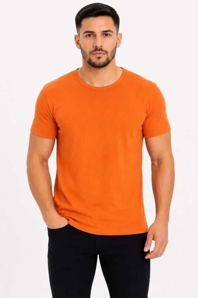 Erkek Basic Tişört Bisiklet Yaka Kısa Kol Günlük Yazlık Slim Fit T-Shirt - Turuncu