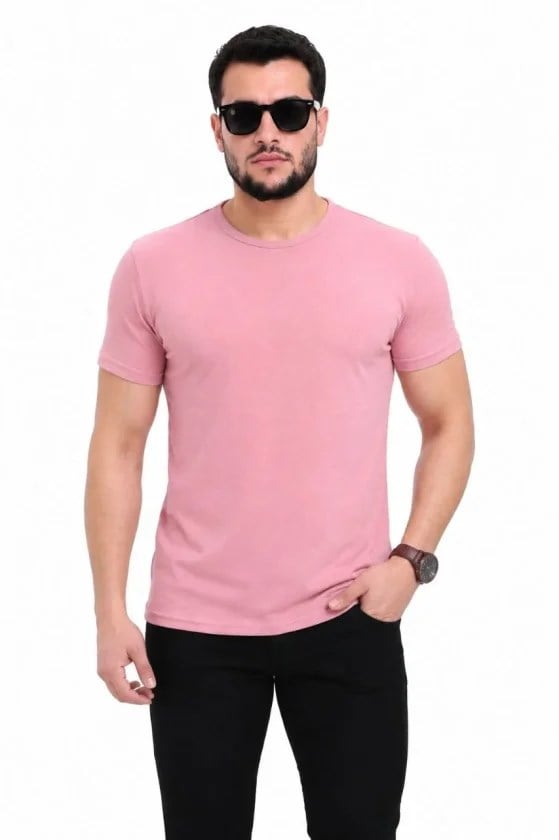 Erkek Basic Tişört Bisiklet Yaka Kısa Kol Günlük Yazlık Slim Fit T-Shirt - Pembe