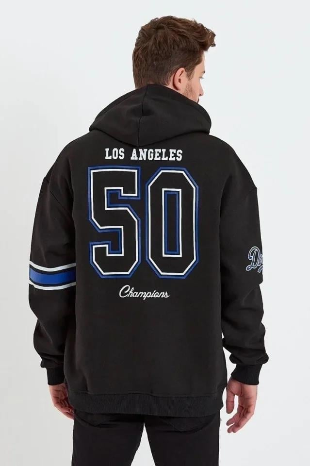 Erkek Baskılı Kapşonlu Üç Iplik Oversize Sweatshirt - Siyah