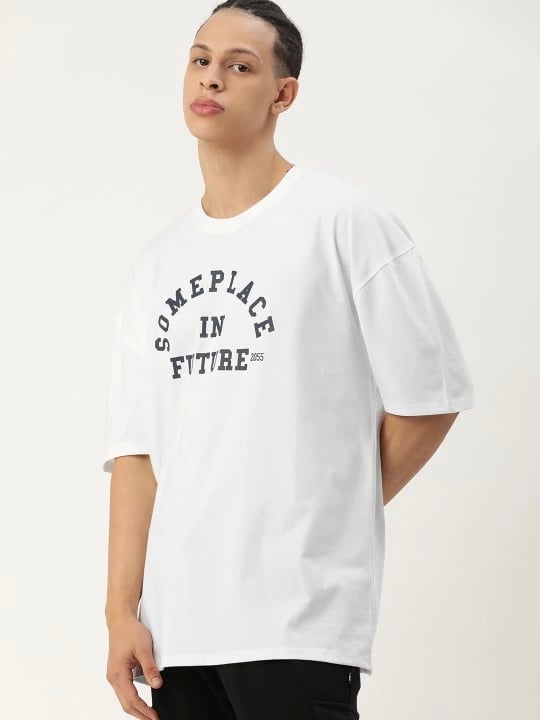 Erkek Baskılı Oversize T-shirt - Beyaz