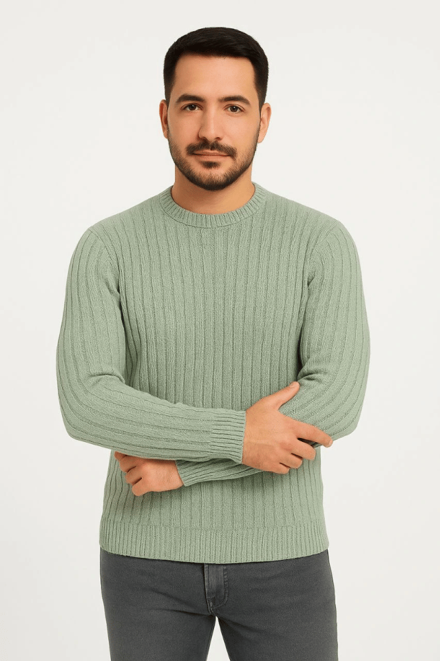 Erkek Bisiklet Yuvarlak Yaka Triko Kazak Pamuklu Kalın Fitilli Dokuma, Regular Fit Uzun Kollu Kışlık Model - Mint Yeşili