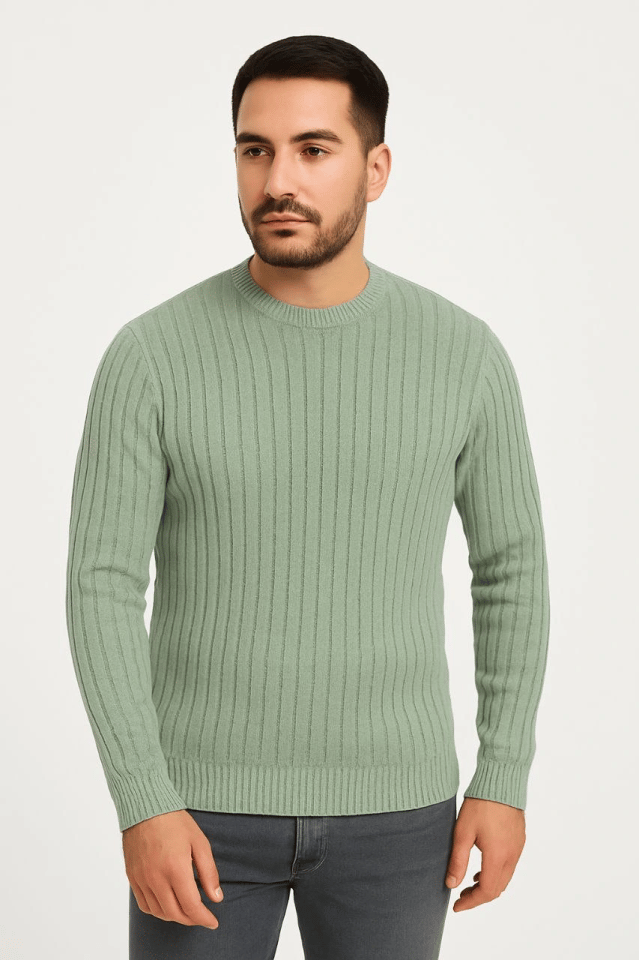 Erkek Bisiklet Yuvarlak Yaka Triko Kazak Pamuklu Kalın Fitilli Dokuma, Regular Fit Uzun Kollu Kışlık Model - Mint Yeşili