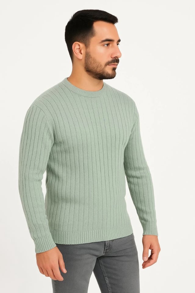 Erkek Bisiklet Yuvarlak Yaka Triko Kazak Pamuklu Kalın Fitilli Dokuma, Regular Fit Uzun Kollu Kışlık Model - Mint Yeşili