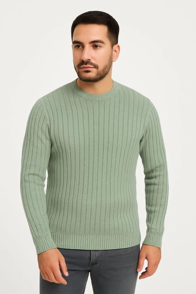 Erkek Bisiklet Yuvarlak Yaka Triko Kazak Pamuklu Kalın Fitilli Dokuma, Regular Fit Uzun Kollu Kışlık Model - Mint Yeşili