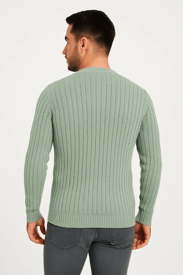 Erkek Bisiklet Yuvarlak Yaka Triko Kazak Pamuklu Kalın Fitilli Dokuma, Regular Fit Uzun Kollu Kışlık Model - Mint Yeşili