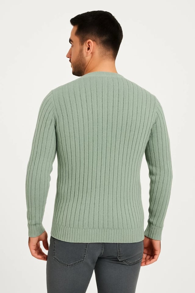 Erkek Bisiklet Yuvarlak Yaka Triko Kazak Pamuklu Kalın Fitilli Dokuma, Regular Fit Uzun Kollu Kışlık Model - Mint Yeşili