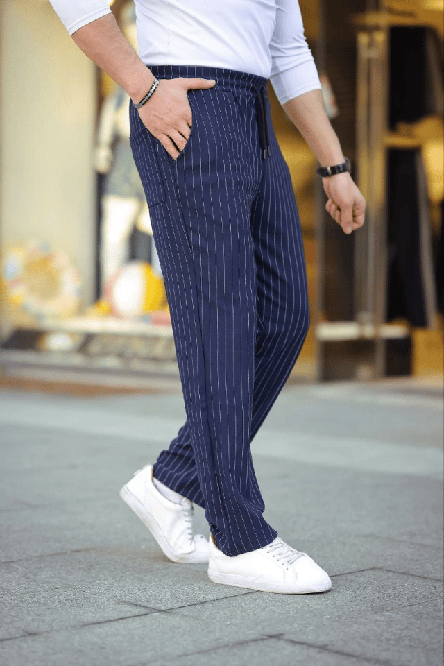 Erkek Cizgili Dokuma Krep Jogger Buggy Pantalon Rahat Kalıp - Lacivert