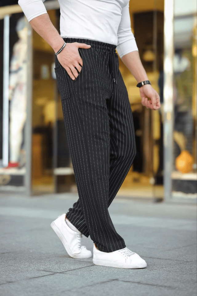 Erkek Cizgili Dokuma Krep Jogger Buggy Pantalon Rahat Kalıp - Siyah