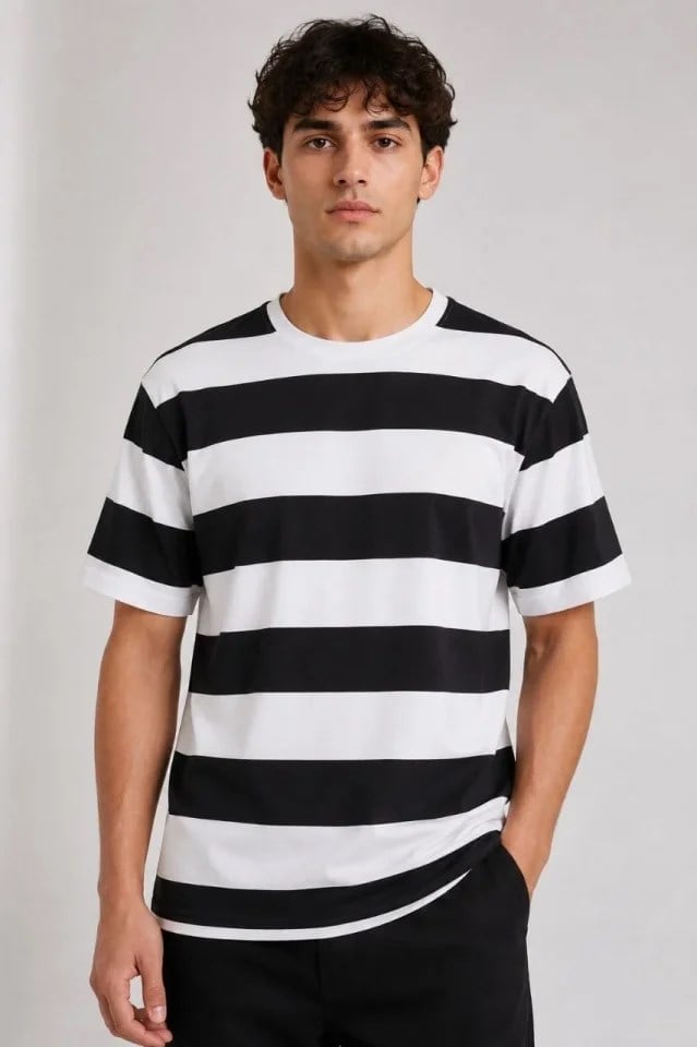 Erkek Çizgili Oversize Tişört Bisiklet Yaka Kısa Kol Yazlık T-Shirt - Siyah
