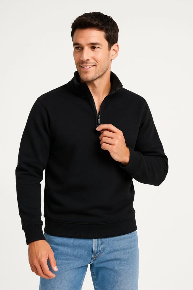 Erkek Dik Yaka Sweatshirt Dik Yaka Yarım Fermuarlı 3 İplik Şardonlu Pamuk Kumaş - Siyah