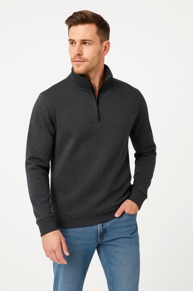 Erkek Dik Yaka Sweatshirt Dik Yaka Yarım Fermuarlı 3 İplik Şardonlu Pamuk Kumaş - Antrasit